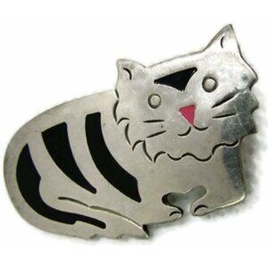 Brooch Fat Cat Inlaid w Black Onyx Hallmarked TM-96 Sterling Silver 925 Vintage